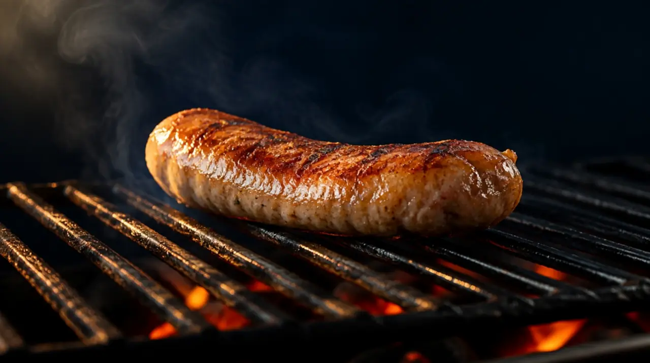 Rostbratwurst auf dem Grillrost über Glut