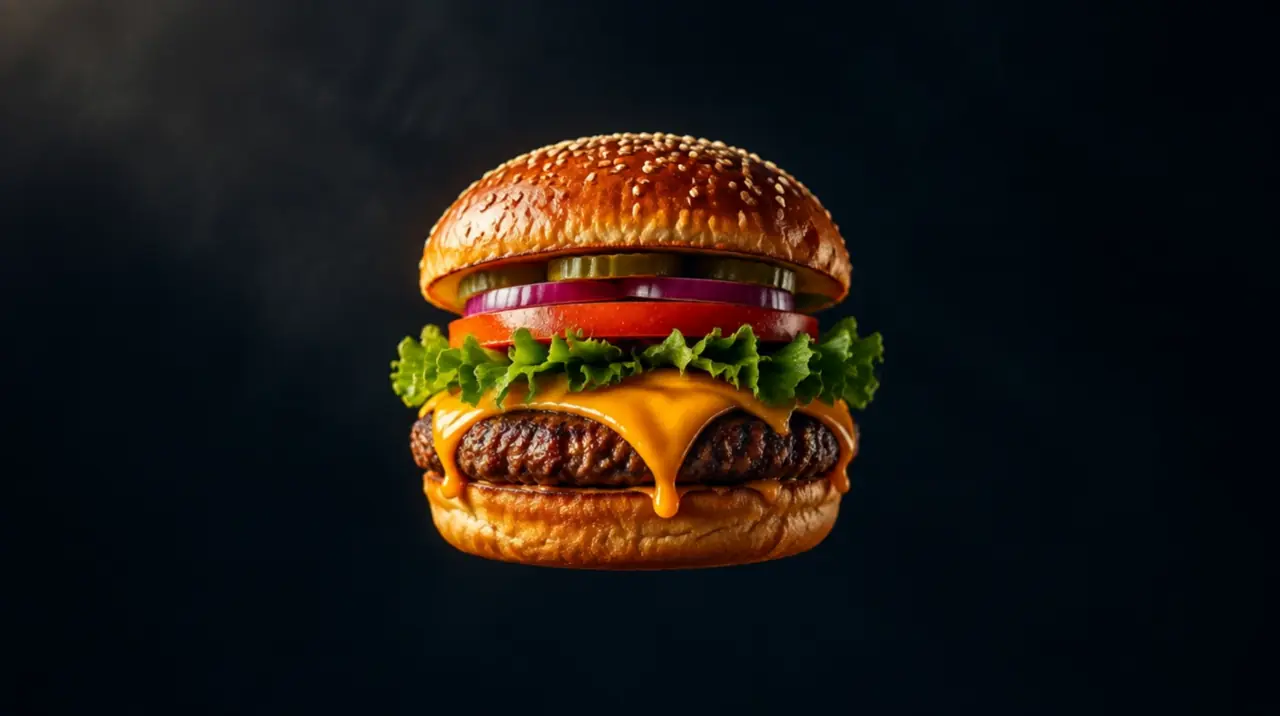 Cheeseburger mit Brioche-Bun, Beef-Patty, Cheddar, Salat, Tomate und Zwiebeln