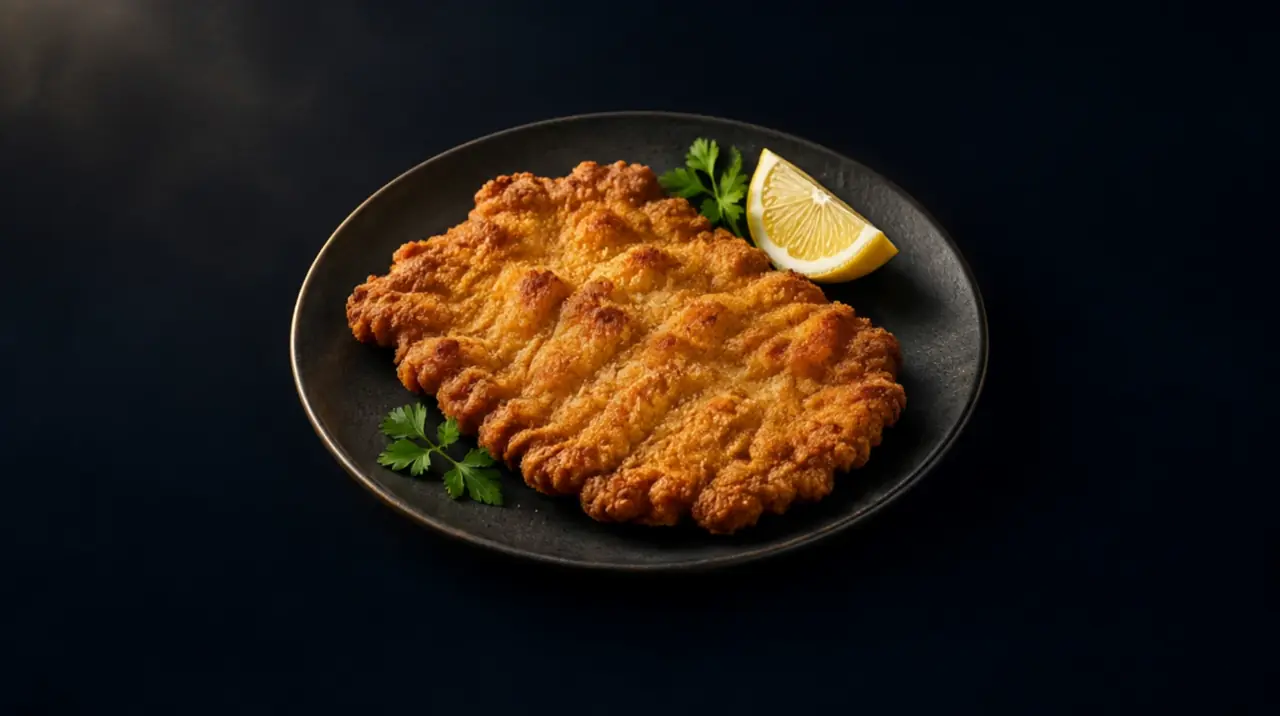 Schnitzel Wiener Art mit Zitrone auf dunklem Teller